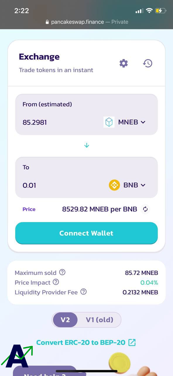 how to sell MNEB token - swap in pancakeswap